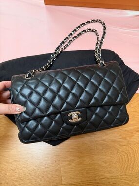 CHANEL Black Quilted Lambskin Shoulder Bag with Silver CC